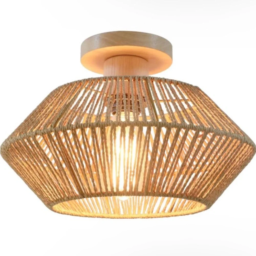 Woven Rattan Light Fixture Ceiling Mount 12.7'' - Picture 1 of 8
